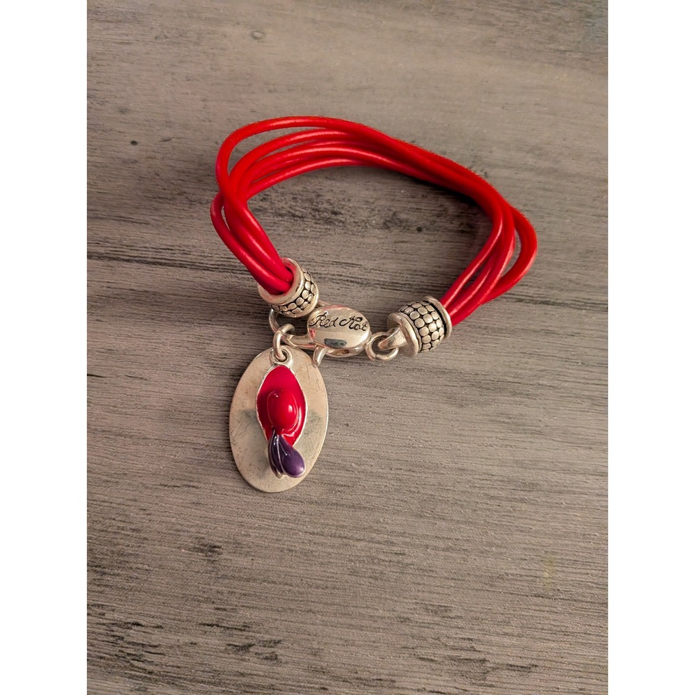 Red Hat Society Multi Strand Cord Charm Bracelet Red Purple Silver Tone Clasp